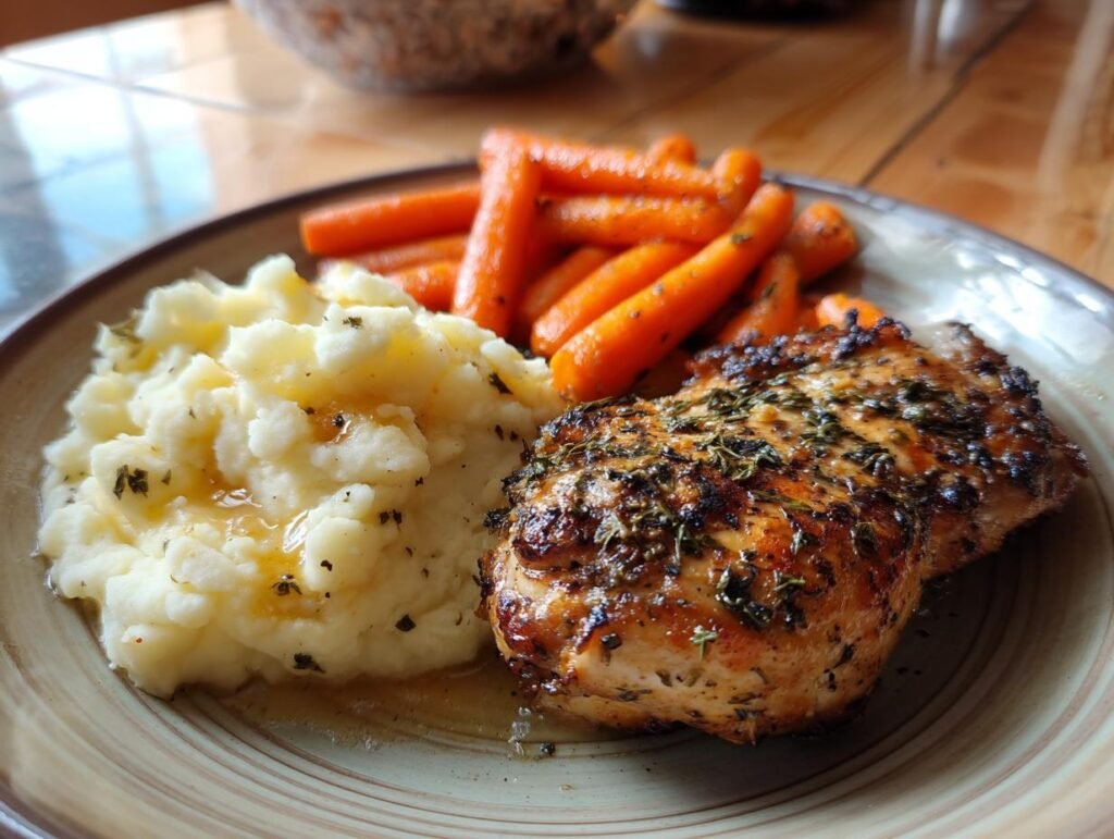 Garlic Herb Chicken with Mashed Potatoes and Glazed Carrots